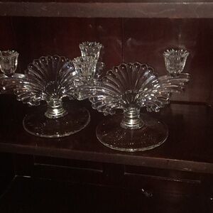 Paden City Maya Clear Glass Etched Foot Double Candlestick Holder